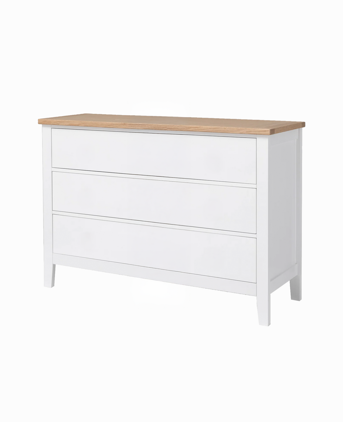 White dresser with a wooden top on a white background