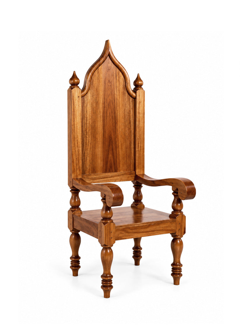 A miniature wooden throne chair with a tall arched backrest, turned legs, and armrests, shown on a plain white background.