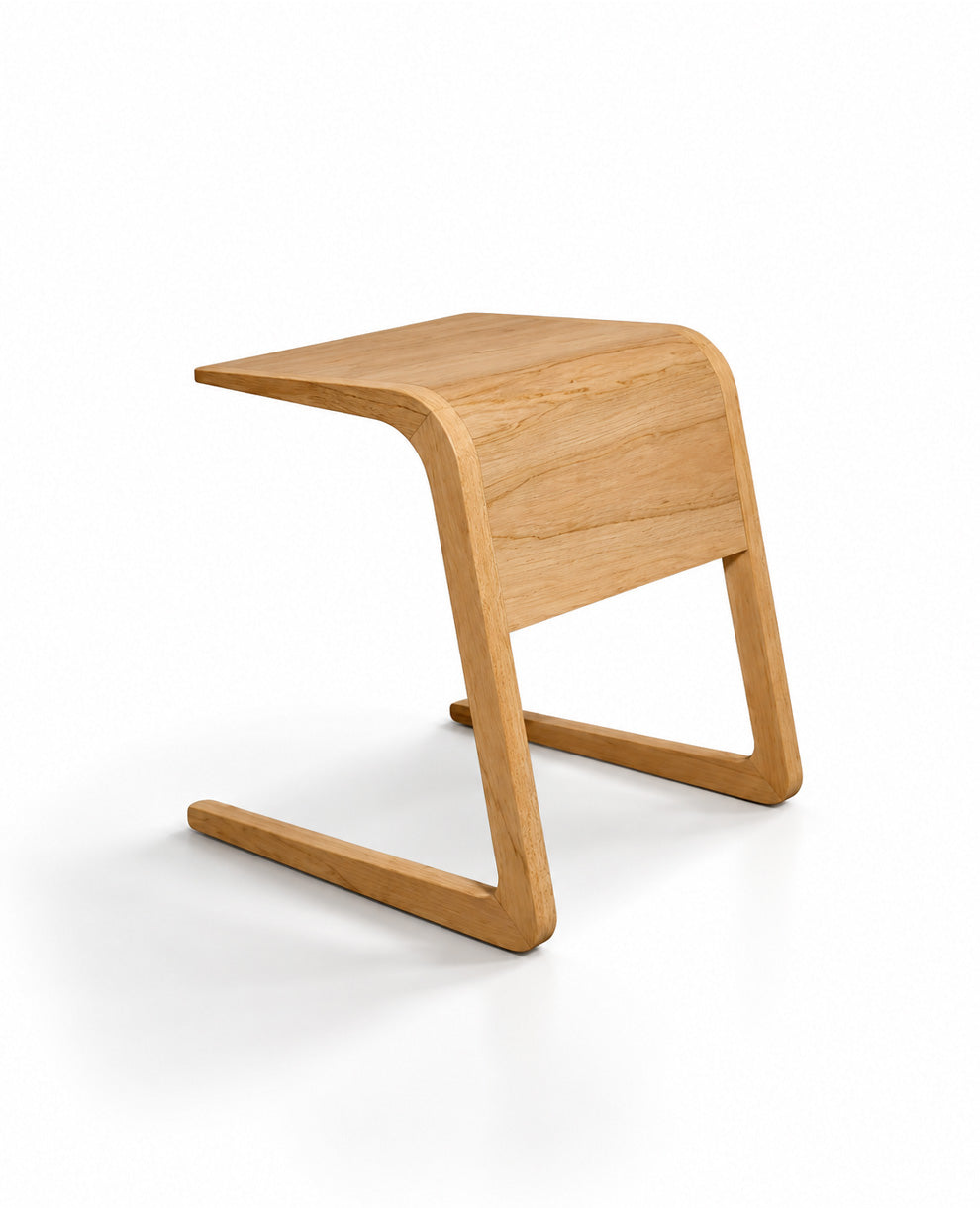A modern wooden stool with a curved, cantilevered backrest and integrated footrest, crafted from light natural oak wood, shown on a white background.