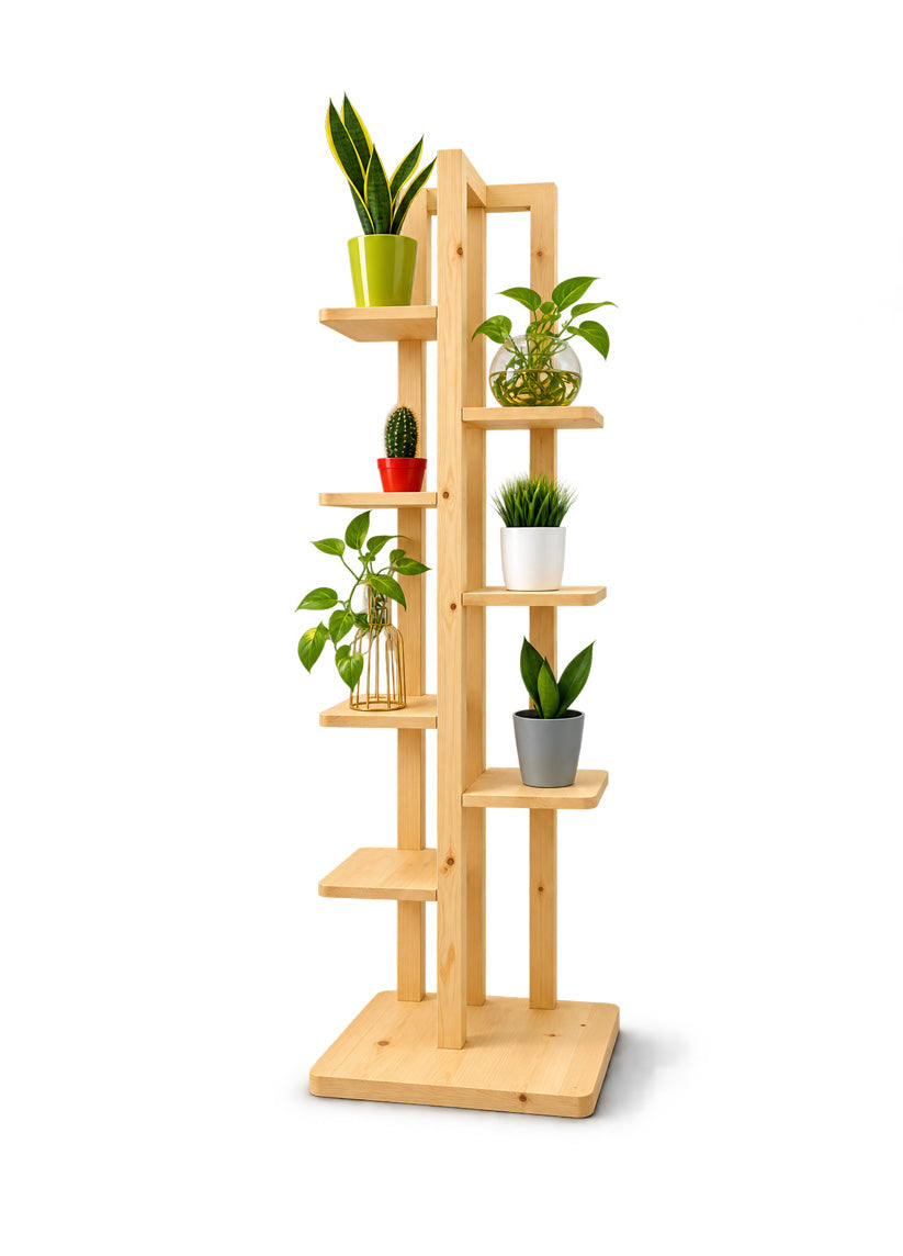 A tall, narrow wooden plant stand with five open shelves and a square base, shown holding several small potted houseplants on a clean white background.