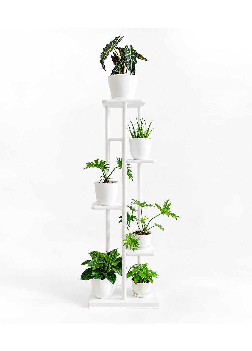 A tall white multi-tier plant stand holding several potted green houseplants, photographed against a clean white studio background.