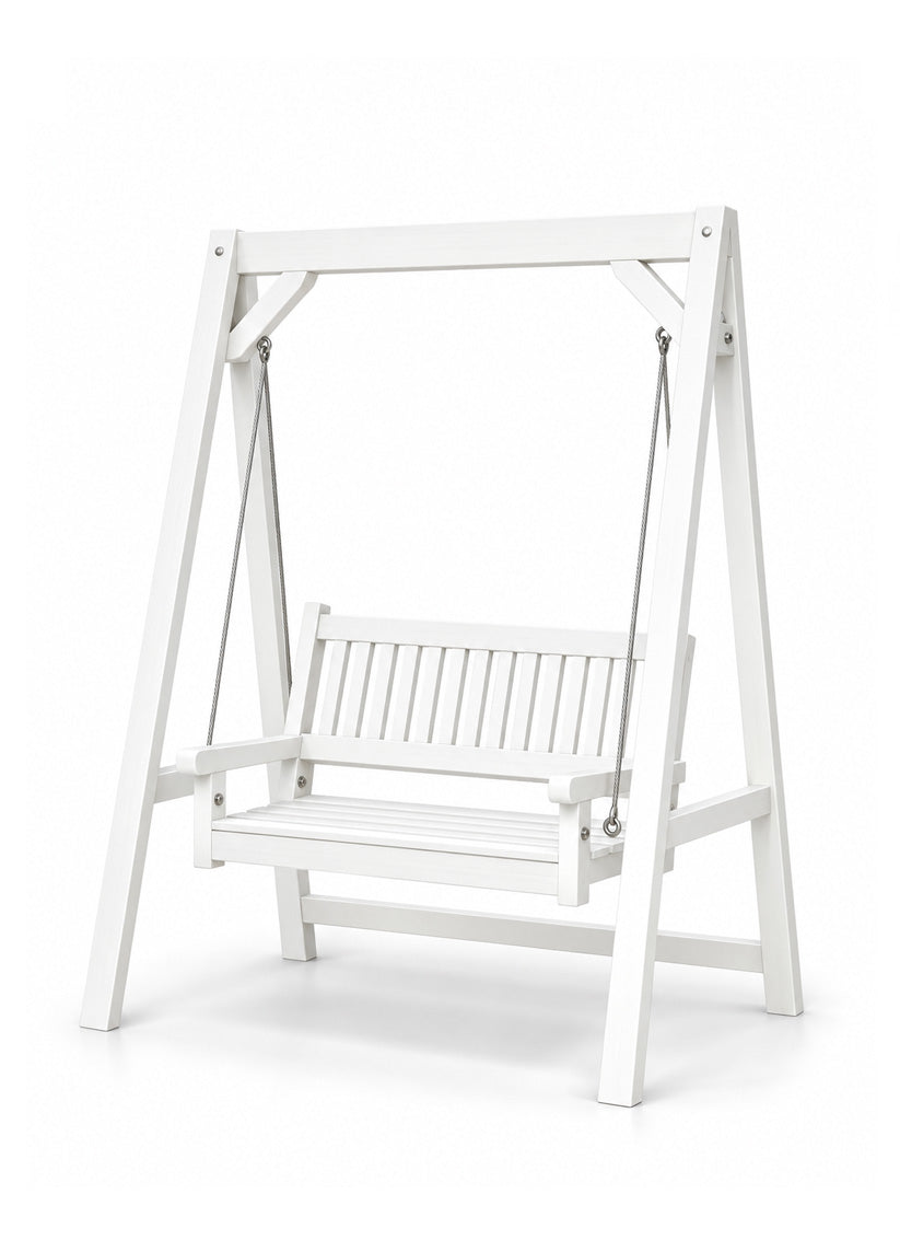 A white wooden swing bench on an A-frame stand, shown against a plain white background.