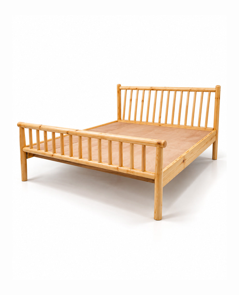 A light natural wood bed frame with a slatted headboard and footboard, shown on a clean white background.