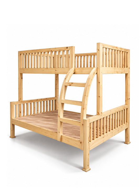 Natural wood twin-over-twin bunk bed frame with a built-in ladder, shown on a clean white background.