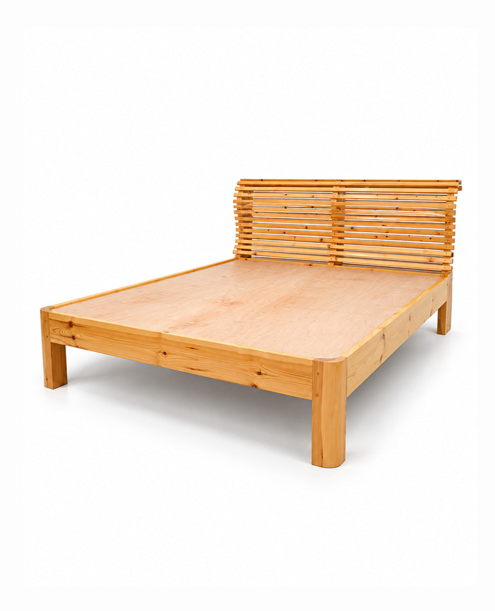 A light natural wood platform bed frame with a distinctive woven bamboo headboard, shown on a clean white background.