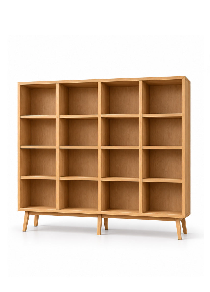 A light natural wood 16-shelf bookcase with tapered legs, shown empty against a clean white background.