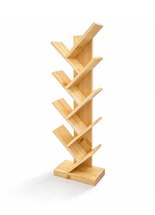A light natural wood freestanding book stand with multiple angled shelves on a white background.