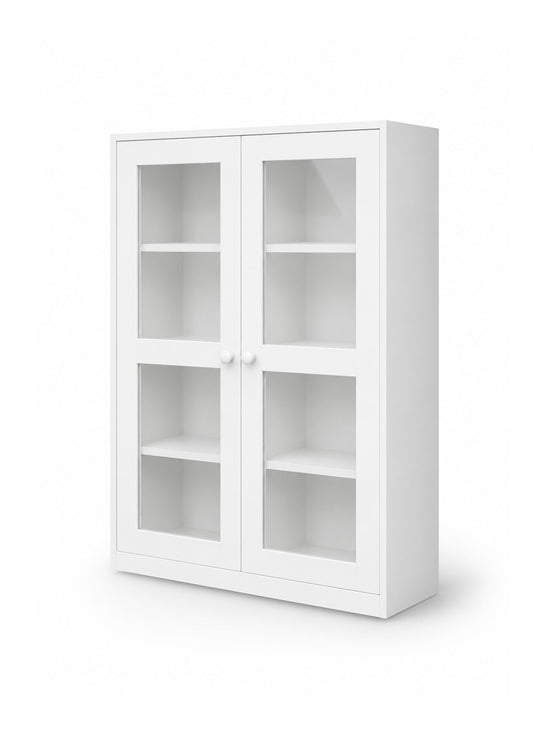 A white two-door storage cabinet with glass doors and four interior shelves, shown on a clean white background.