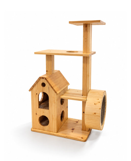 A light natural wood multi-level cat tree with a house-shaped hide, platforms, a vertical pole, and a large wheel tunnel, shown on a white background.