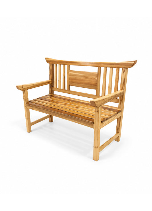 A light brown wooden bench with a slatted backrest and armrests, shown on a clean white background.