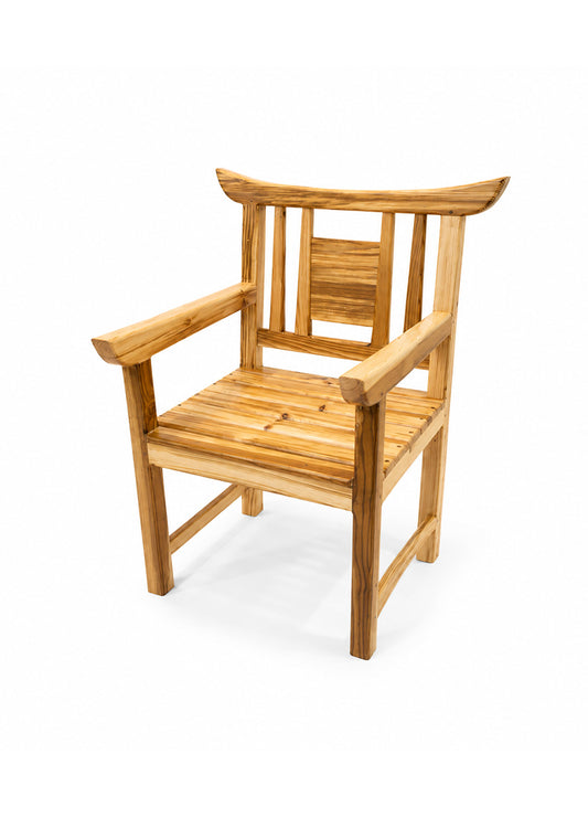 A light brown wooden armchair with a curved backrest and armrests, shown from a three-quarter angle on a white background.