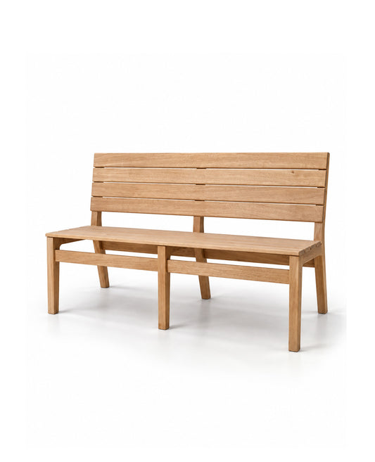 A light natural wood outdoor bench with a slatted backrest and seat, shown on a clean white background.