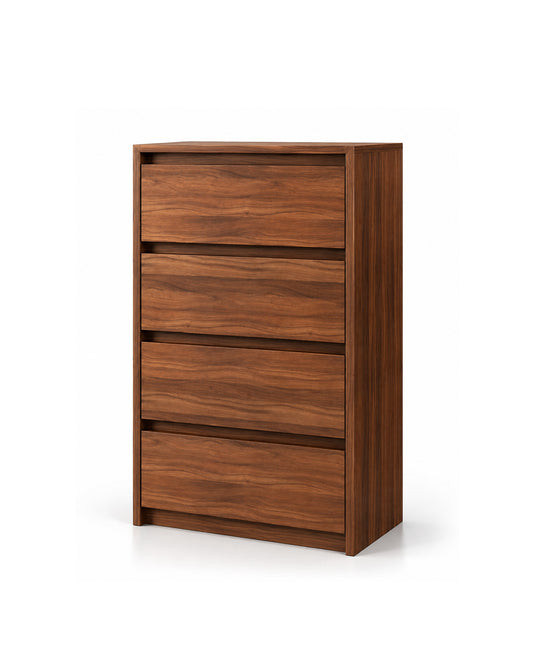 A four-drawer wooden chest of drawers with a rich walnut finish, shown from a three-quarter angle on a clean white background.