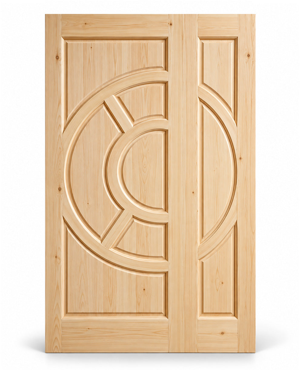 A light natural wood interior door with a decorative embossed geometric pattern featuring circular and curved motifs, shown on a clean white background.