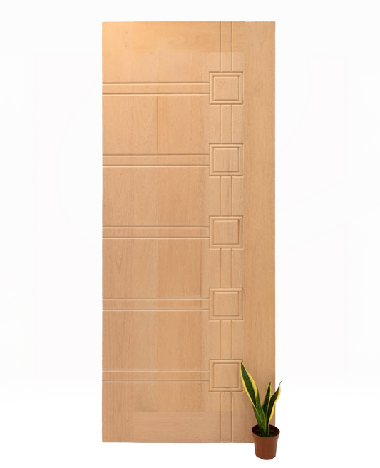 A solid meranti wood door with a geometric pattern design, displayed with a small potted plant to the bottom right.