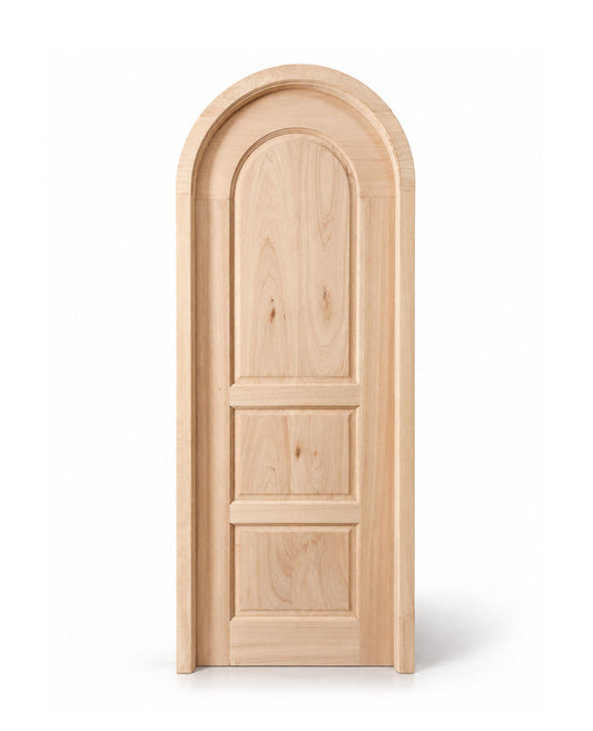 A light natural wood arched door panel with three recessed rectangular panels, shown on a clean white background.
