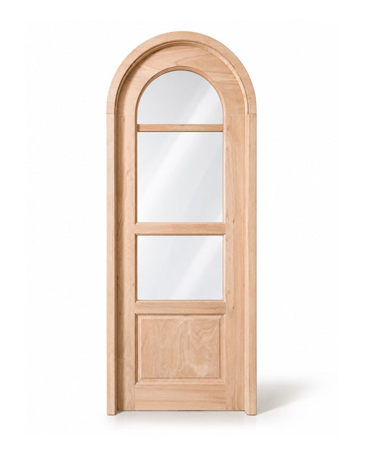 A tall, arched wooden door with a natural light oak finish and three glass panels, shown on a clean white background.