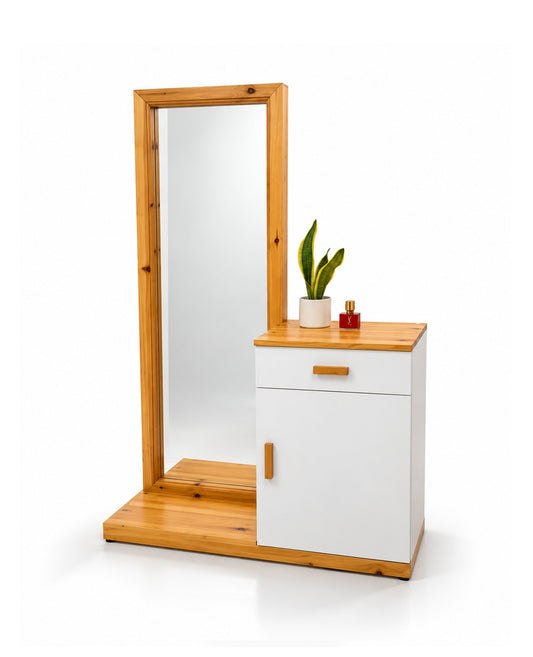 A modern wooden vanity cabinet with an attached full-length mirror. The cabinet features a white front with a single drawer and a single door, both with light natural wood handles, and a natural wood top and base.
