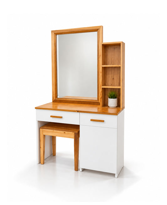 A modern vanity table set featuring a white cabinet base with a wooden top, a matching wooden stool, a large rectangular mirror, and an open shelving unit on the right side, shown on a white background.
