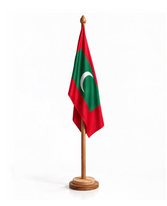 Malawi office flag on a wooden pole with a round base, isolated on a white background.