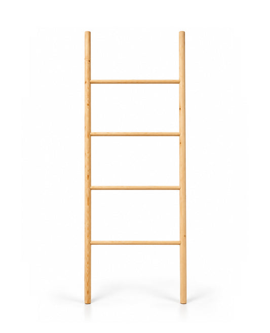 A light natural wood ladder shelf with five rungs, shown against a plain white background.