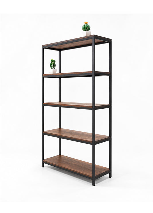 A 5-tier industrial bookcase with a black metal frame and medium brown wood shelves, shown on a clean white background with small decorative plants on top.