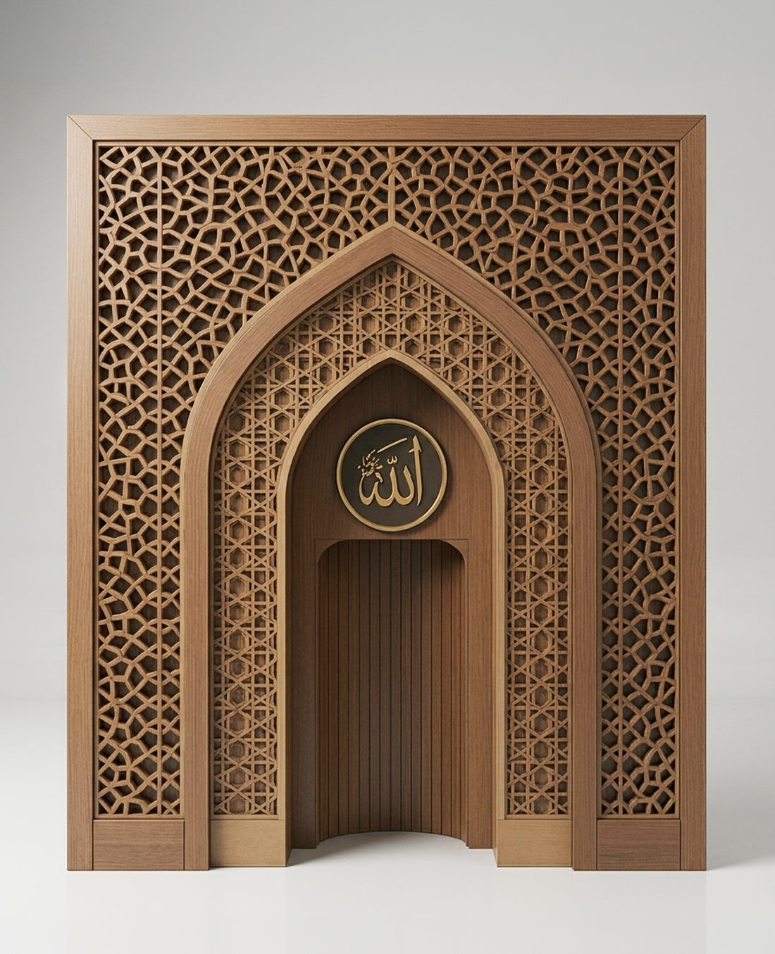 Merak solid wood mihrab panel Maldives Islamic lattice carving — Tenon