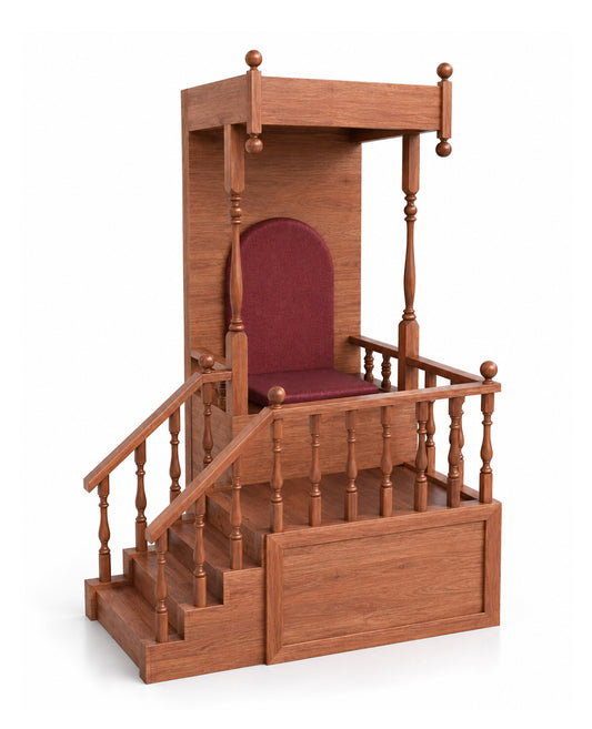 A miniature wooden throne or balcony chair with a canopy, small staircase, and burgundy upholstered seat and backrest, shown on a clean white background.