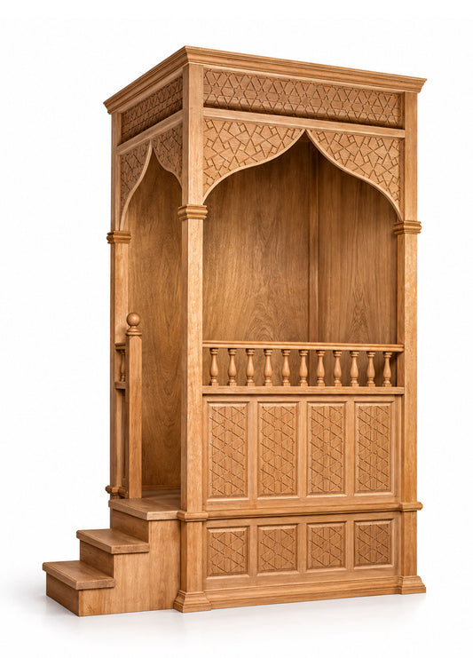 A tall, ornate wooden mimbar or prayer niche with carved geometric patterns, arched details, a small staircase, and a balustrade railing, shown on a clean white background.