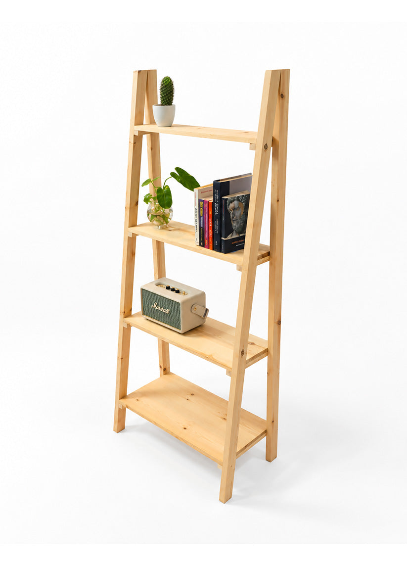 A light natural wood ladder-style shelving unit with four tiers, shown on a clean white background. The shelves are styled with books, a small potted cactus, a green plant, and a vintage-style radio.