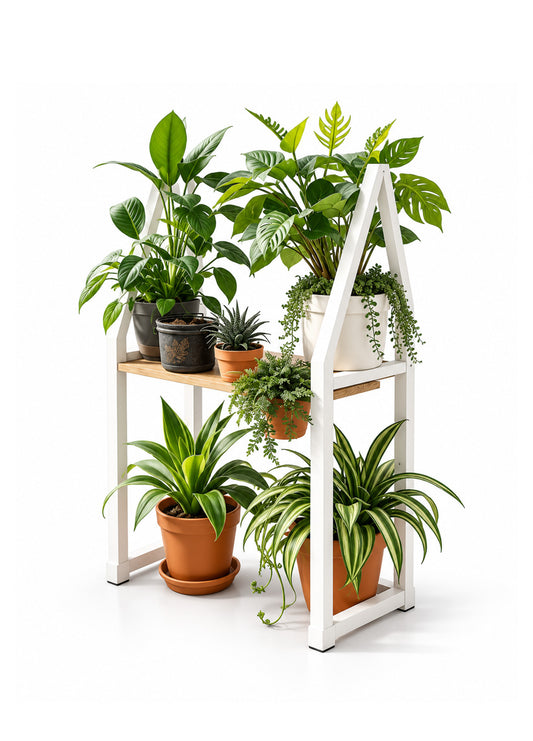 A white A-frame plant stand with a light wood shelf, holding multiple potted green houseplants against a clean white background.