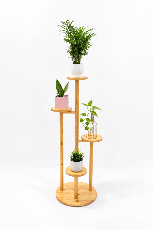 A light natural wood 4-tier plant stand with a round base, styled with several small potted green plants of varying sizes against a clean white background.