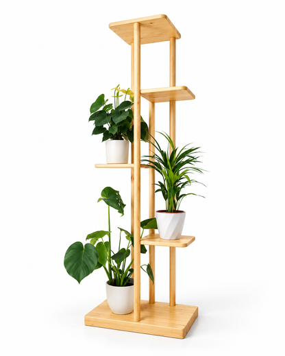 A light natural wood multi-tier plant stand with five levels, holding four potted green houseplants in white pots, set against a plain white background.