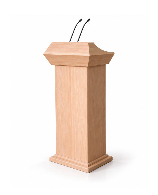 A light natural wood podium with two black gooseneck microphones, shown on a clean white background.