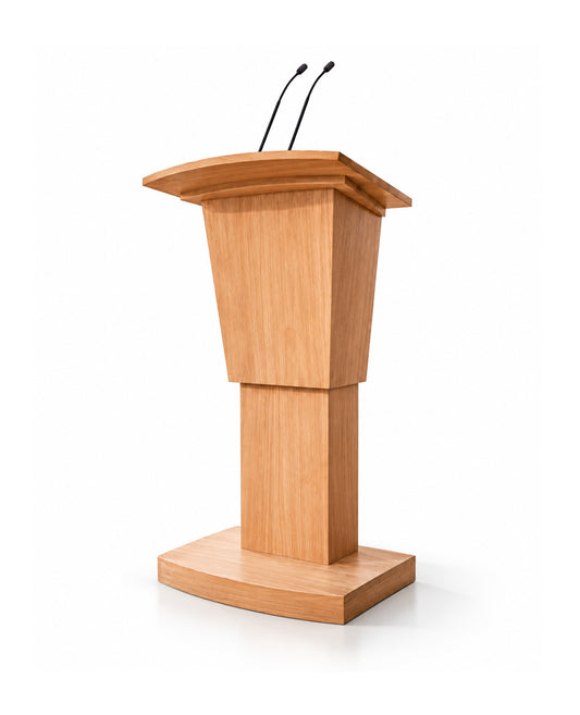 A light meranti wood podium with two black gooseneck microphones, shown on a clean white background.
