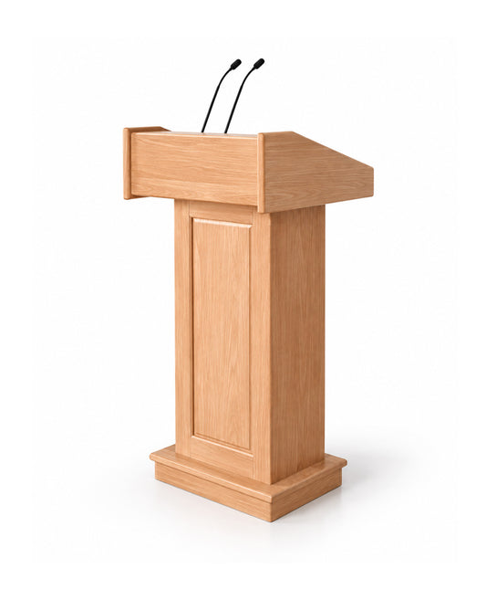 A light meranti wood podium with two black gooseneck microphones, shown on a clean white background.