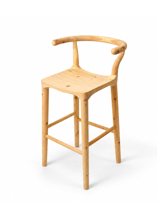 A light natural wood bar stool with a curved backrest and four legs, shown on a clean white background.