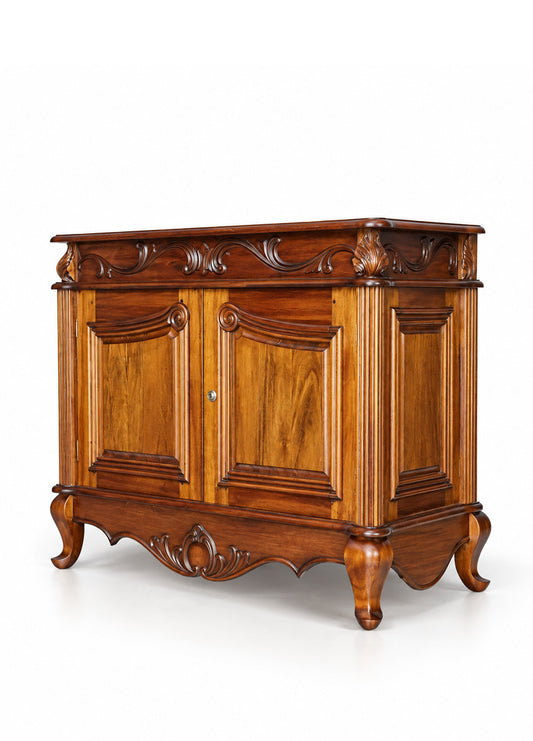 An ornate wooden cabinet with carved details, featuring two paneled doors, a top drawer, and curved cabriole-style legs, shown on a white background.