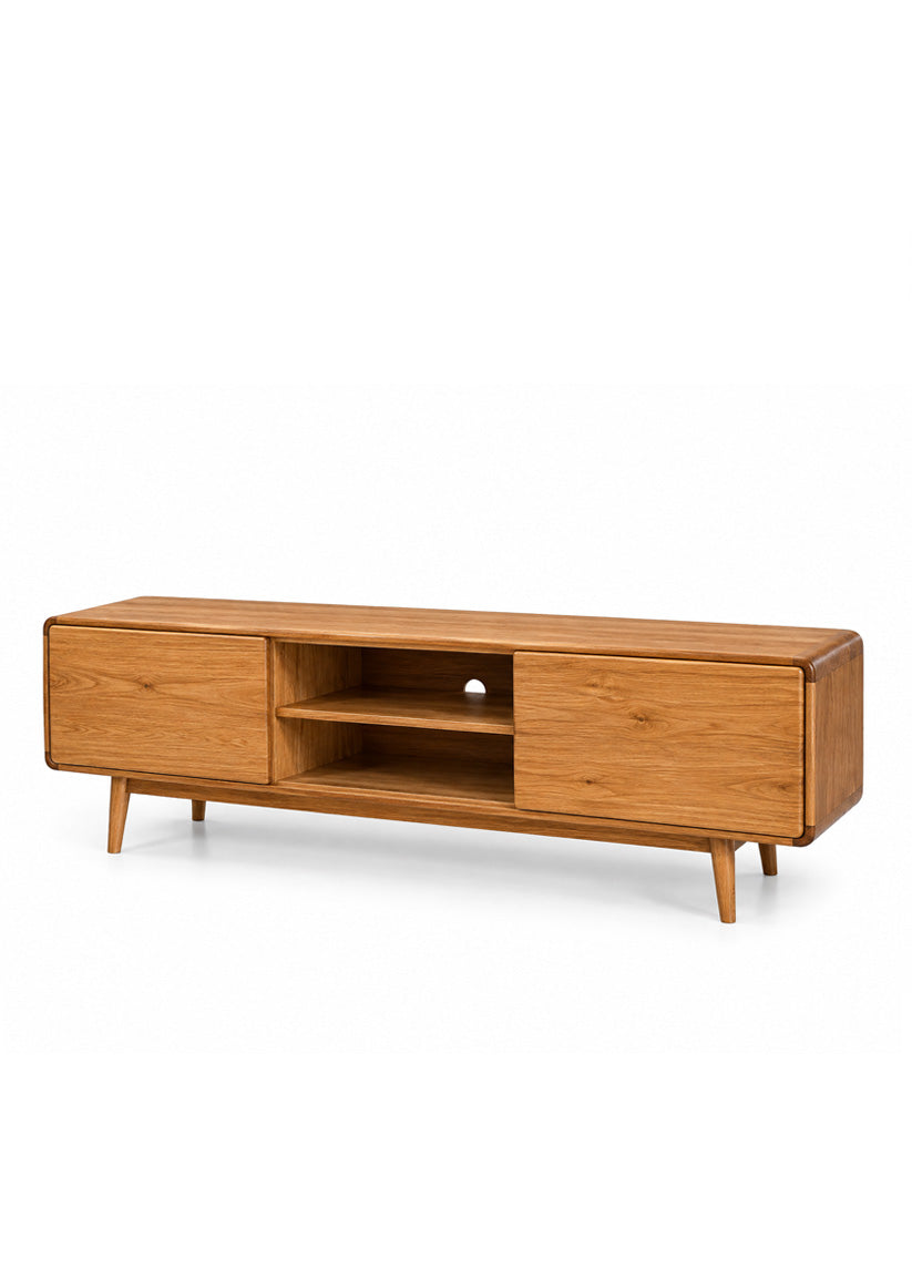 A mid-century modern wooden TV stand with a warm honey oak finish, featuring two side cabinets, an open center shelf, and tapered legs, shown on a clean white background.