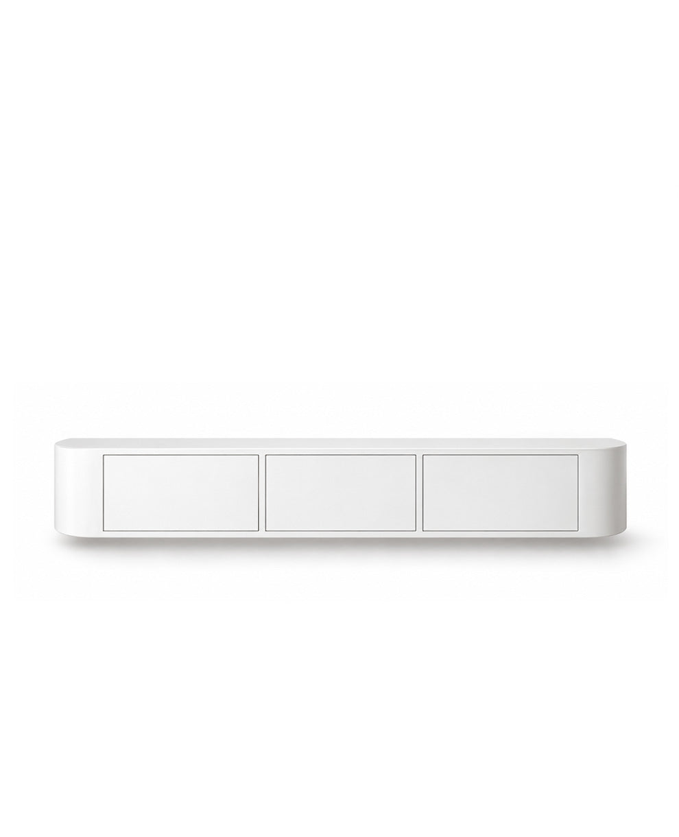 A minimalist white three-button electronic switch panel with a sleek, modern horizontal design, shown against a solid white background.