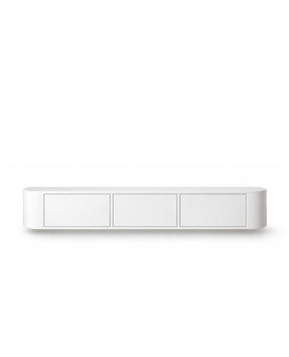 A minimalist white three-button electronic switch panel with a sleek, modern horizontal design, shown against a solid white background.