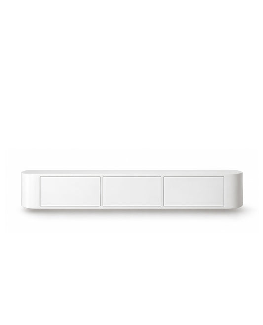A minimalist white three-button electronic switch panel with a sleek, modern horizontal design, shown against a solid white background.