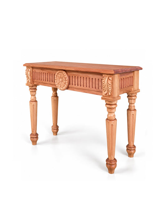A light brown carved wooden console table with turned legs and a decorative circular medallion on the front panel, shown on a white background.