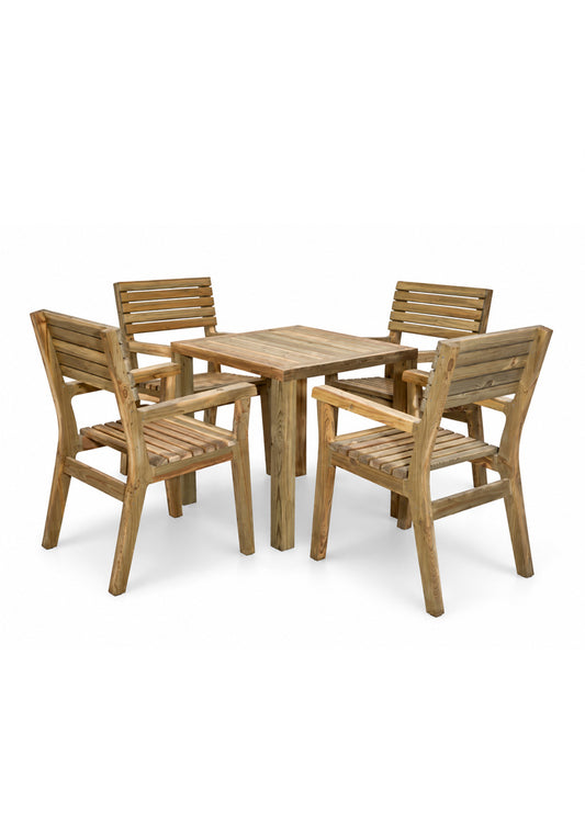 A 5-piece outdoor patio dining set consisting of a square slatted wooden table and four matching armchairs with slatted backs, shown on a white background.