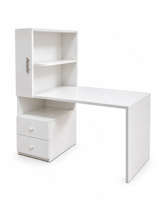 White corner desk with a built-in hutch featuring a cabinet, two shelves, two drawers, and a right-side extension desk surface, shown on a white background.