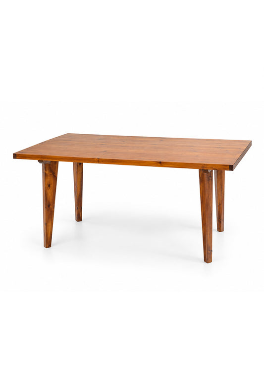A rectangular wooden dining table with a warm medium-brown finish and tapered legs, shown on a clean white background.