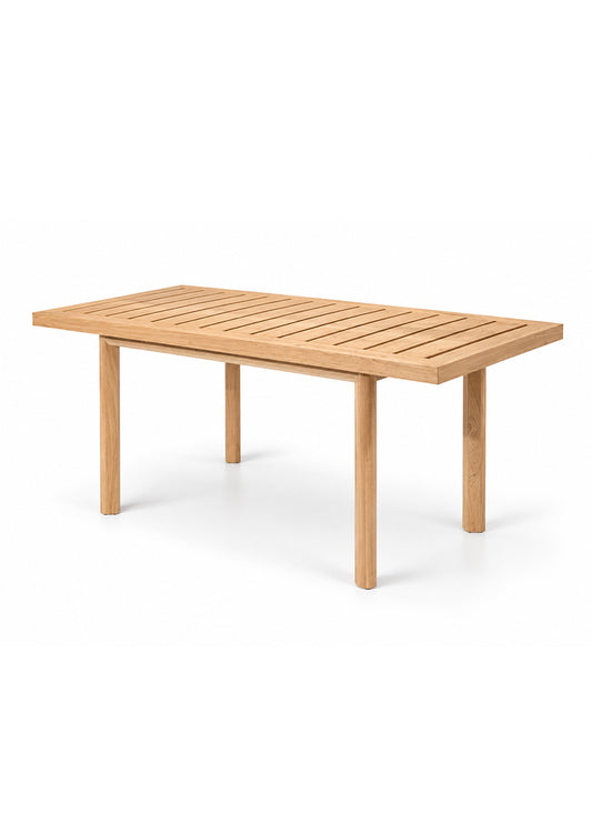 A rectangular outdoor dining table made of light natural teak wood slats on four legs, shown from a three-quarter angle on a white background.