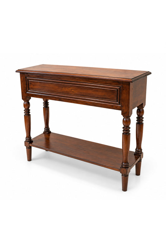 A classic wooden console table with a single drawer, turned legs, and a lower shelf, shown on a clean white background.