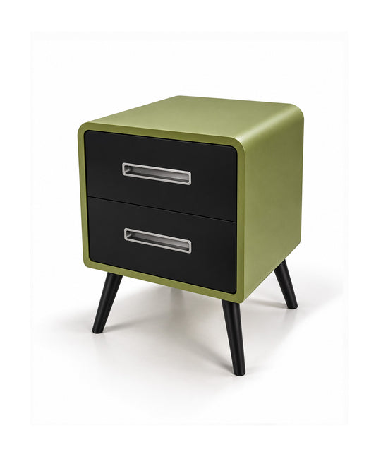 A modern two-drawer nightstand with a sage green body, black drawer fronts, and black tapered legs, shown on a white background.