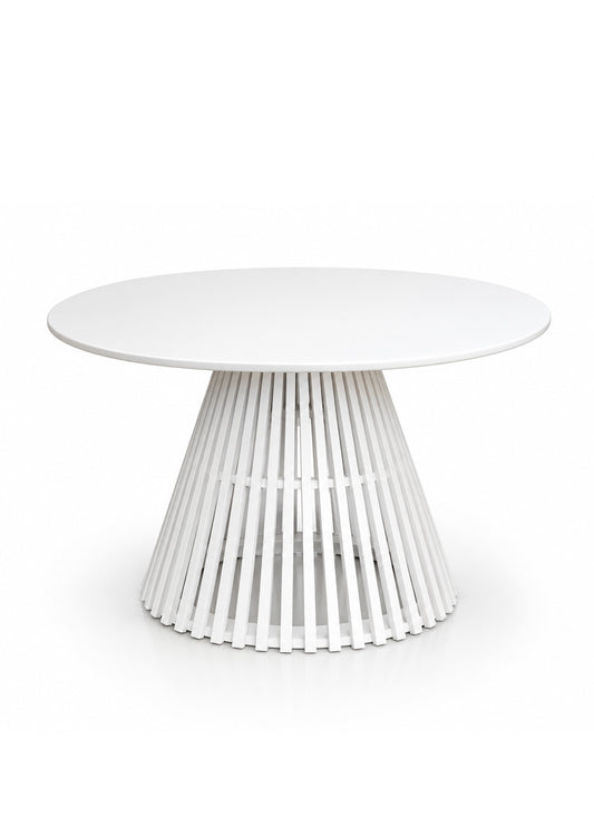 A modern round white table with a thick circular top and a sculptural slatted pedestal base, shown on a seamless white background.